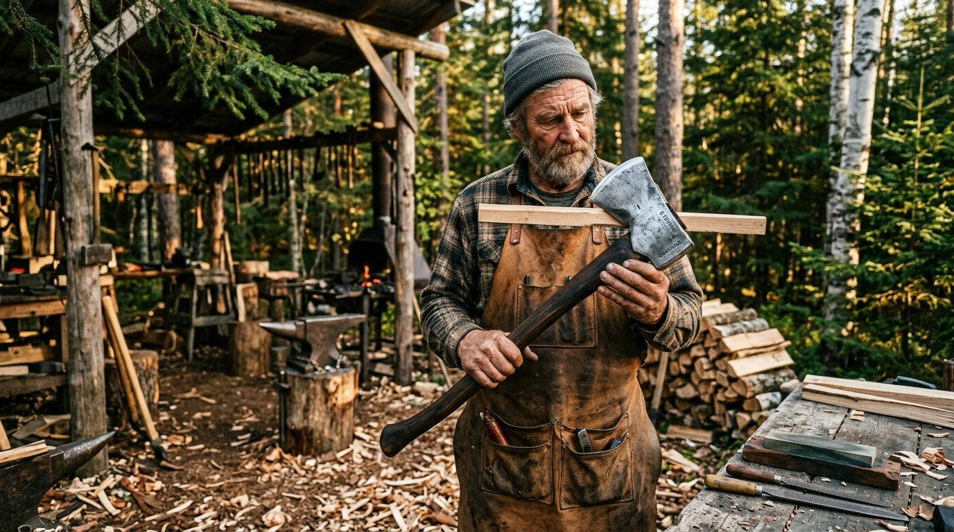 Master forestry toolmaker in a traditional woodworking workshop inspecting an axe cutting bit bevel