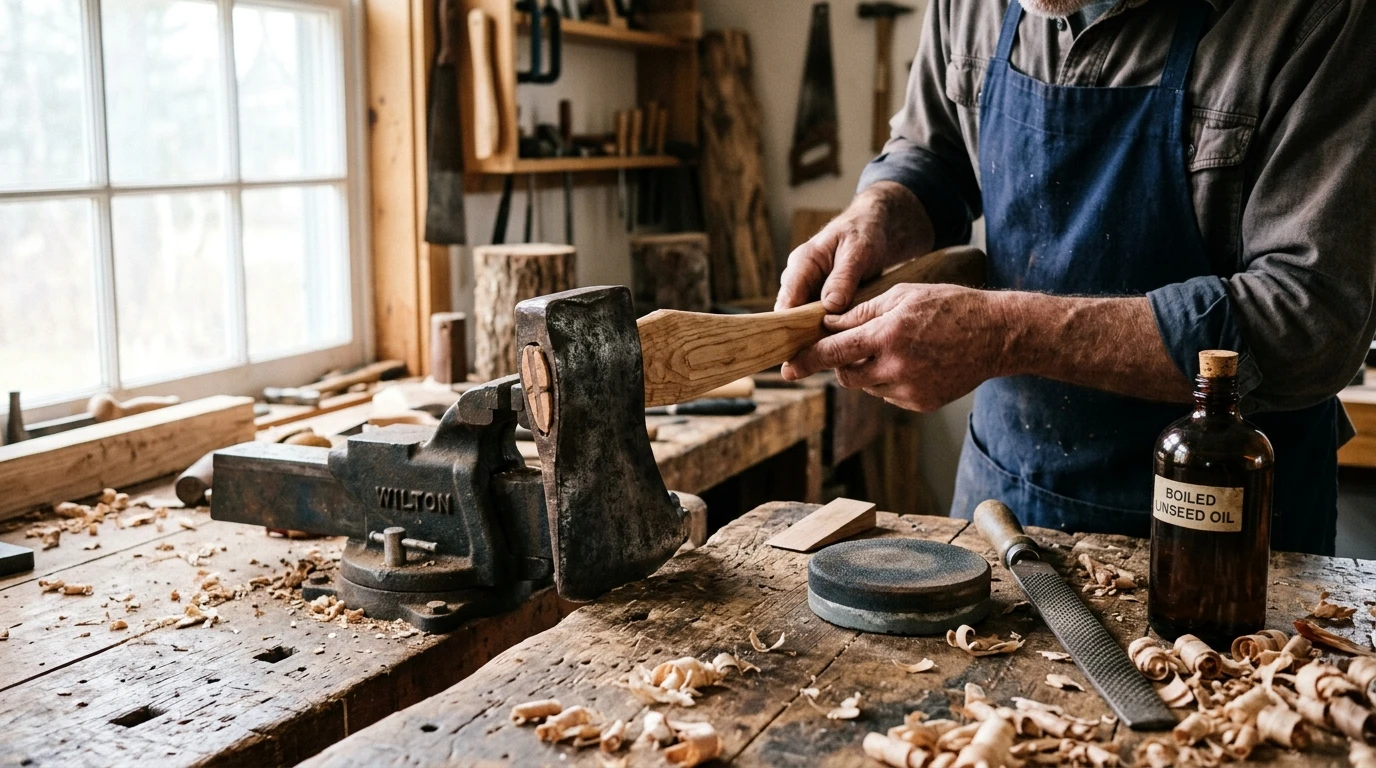 Vintage axe head being fitted onto a carved American hickory handle on a workbench with puck sharpening stone and boiled linseed oil
