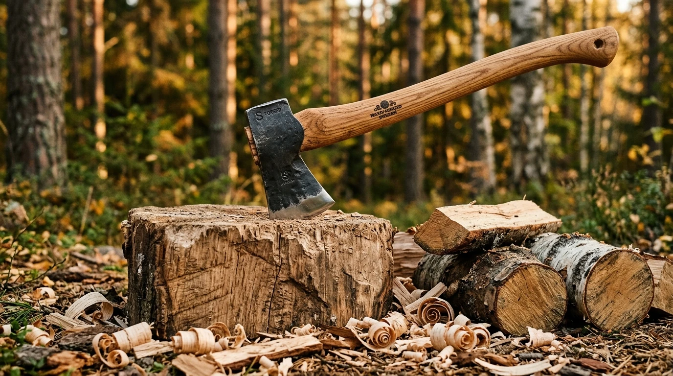 Hand-forged Swedish splitting axe embedded in a white oak chopping block surrounded by fresh wood shavings