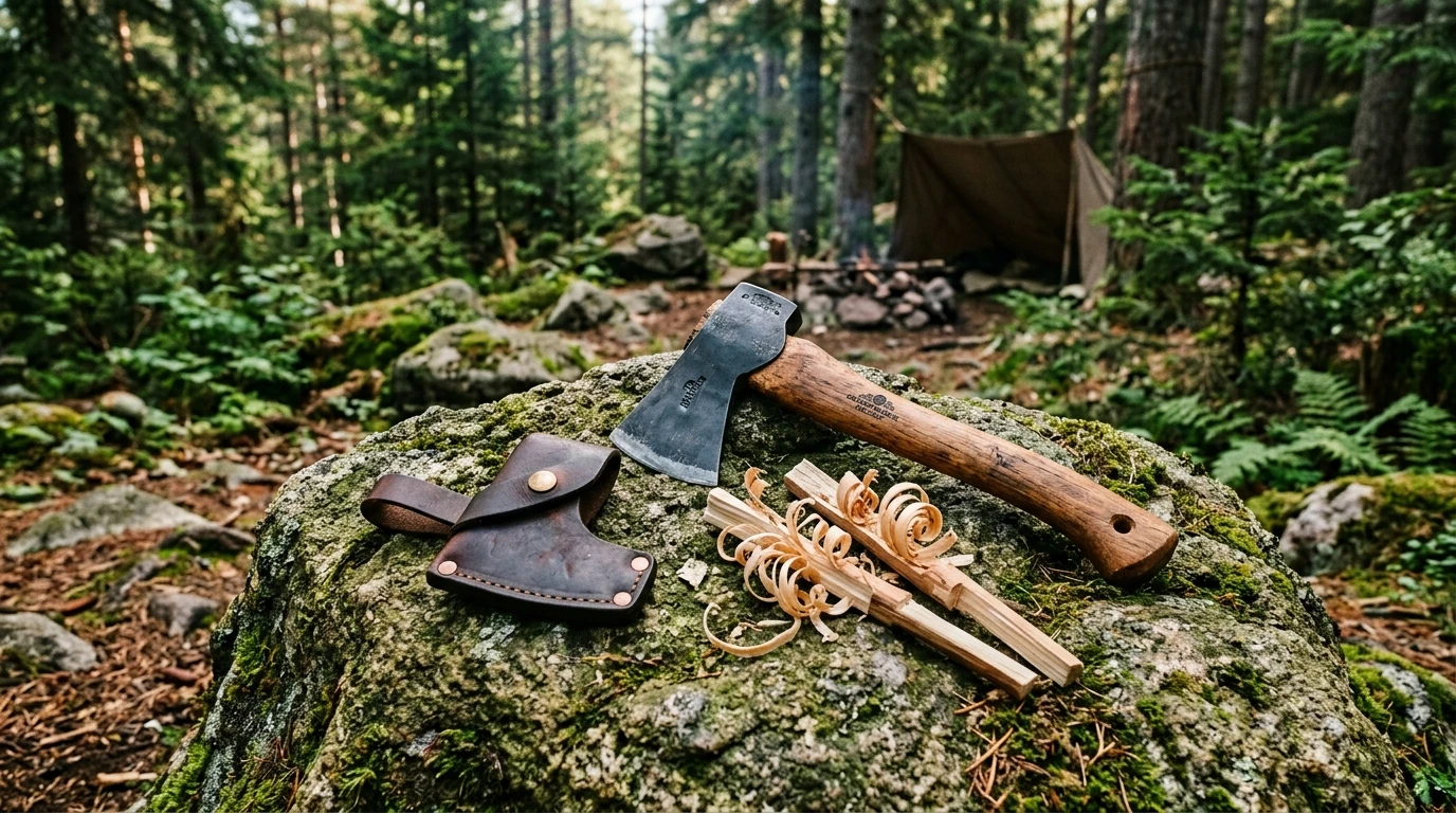 Bushcraft pack hatchet resting on a granite rock in a pine forest next to a leather sheath mask
