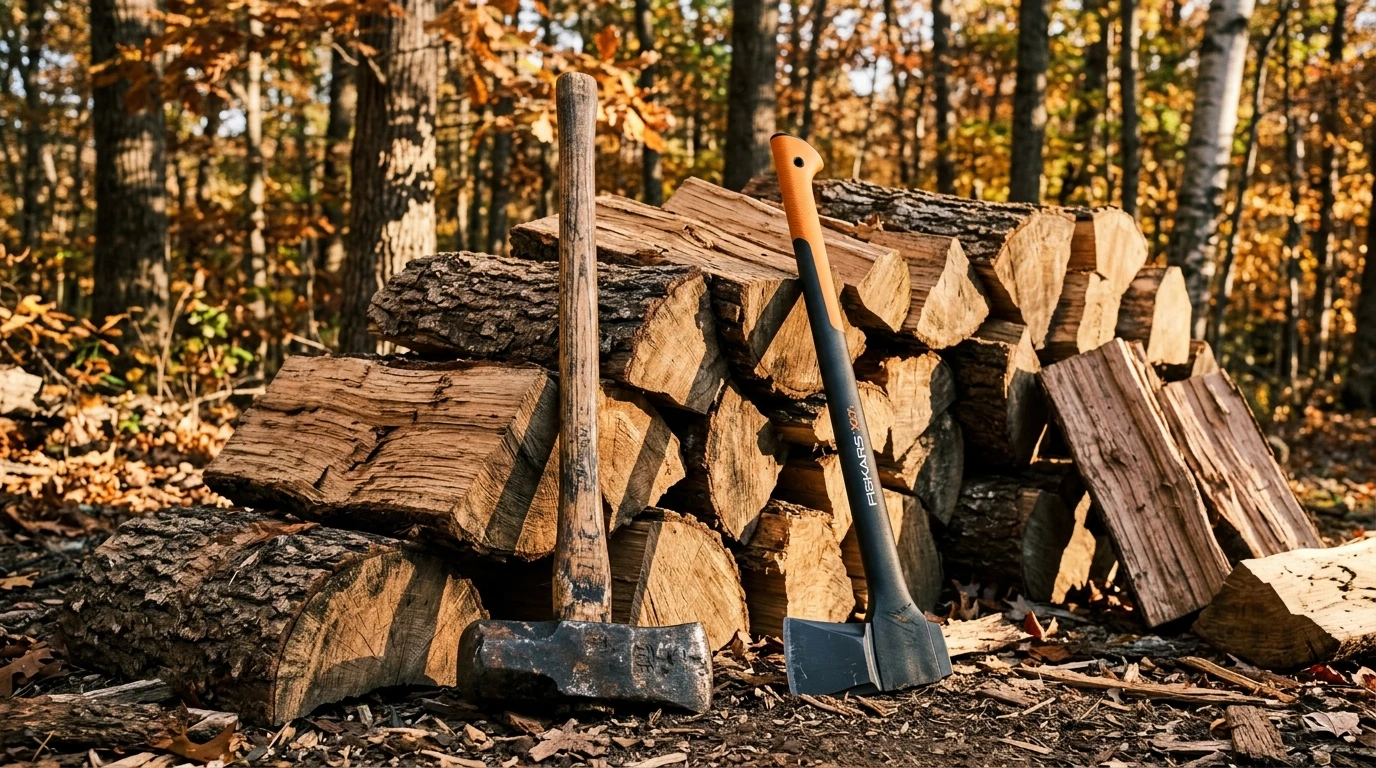 Heavy 8-pound sledge maul and high-velocity splitting axe resting on stacked seasoned red oak firewood rounds